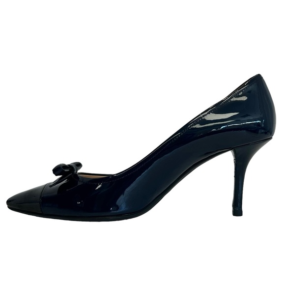 Prada Patent Leather Heels Blue Black Pointed Toe Bow Accent Size EU IT 40 US 10 - Picture 4 of 17
